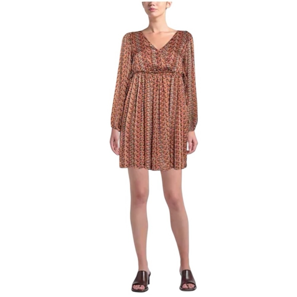 Molly Bracken Surplice Satin Metallic Rust Abstract Animal Print Babydoll Dress